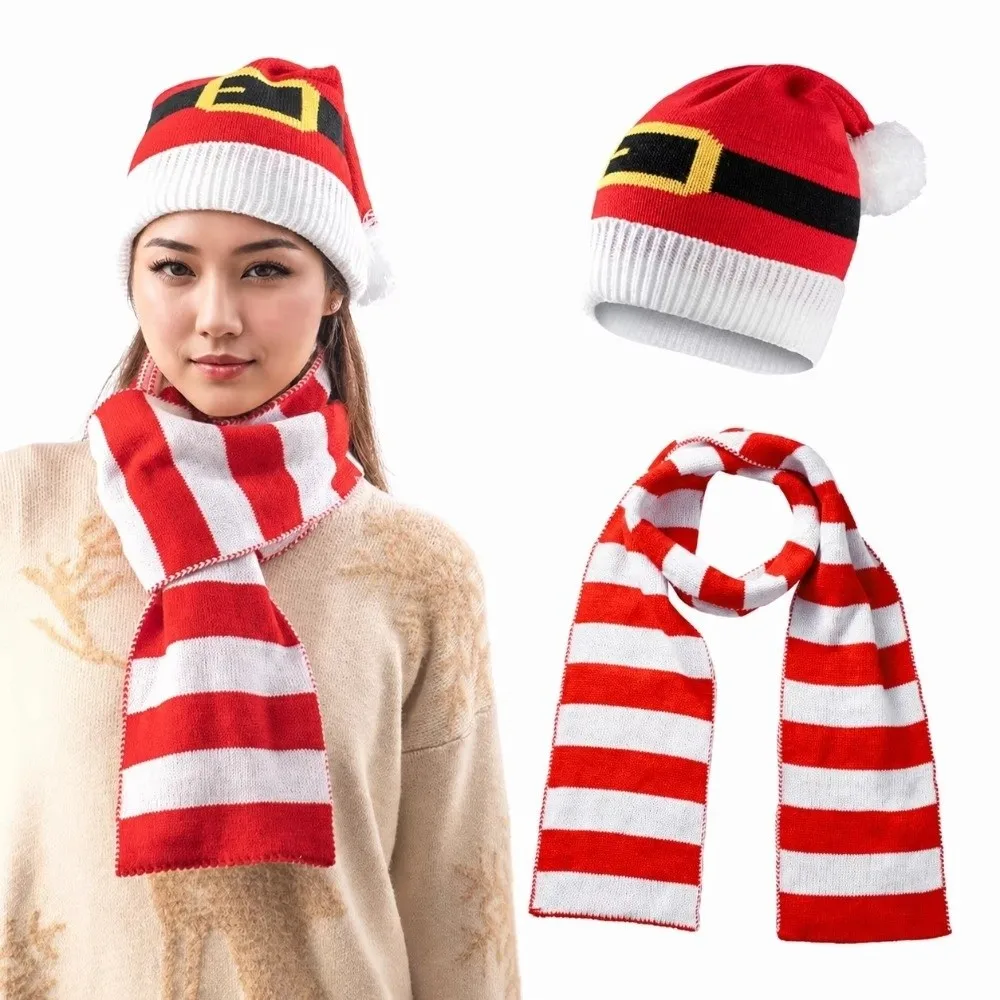 Thermal Yarn Christmas Hat Scarf Striped Pattern Gloves Xmas Beanie Elastic Fit Acrylic Fibers Knitted Holiday Scarf