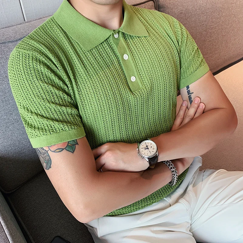 

2023 Summer Knitted Polo Shirt Men Casual Turn-down Collar Button Fashion Striped Solid Slim Fit Tops Cotton T-shirts B17