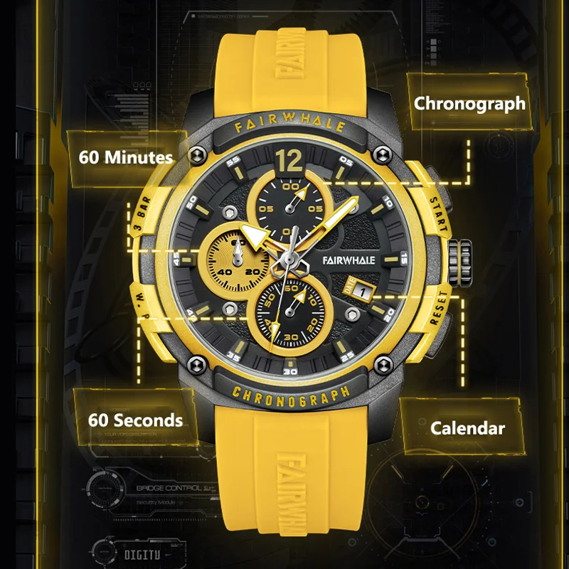 FAIRWHALE Quartz Watches for Men 4360 Fashion Yellow Auto Date Chronograph Waterproof Sport Silicone Strap Mens Watch Gift Box