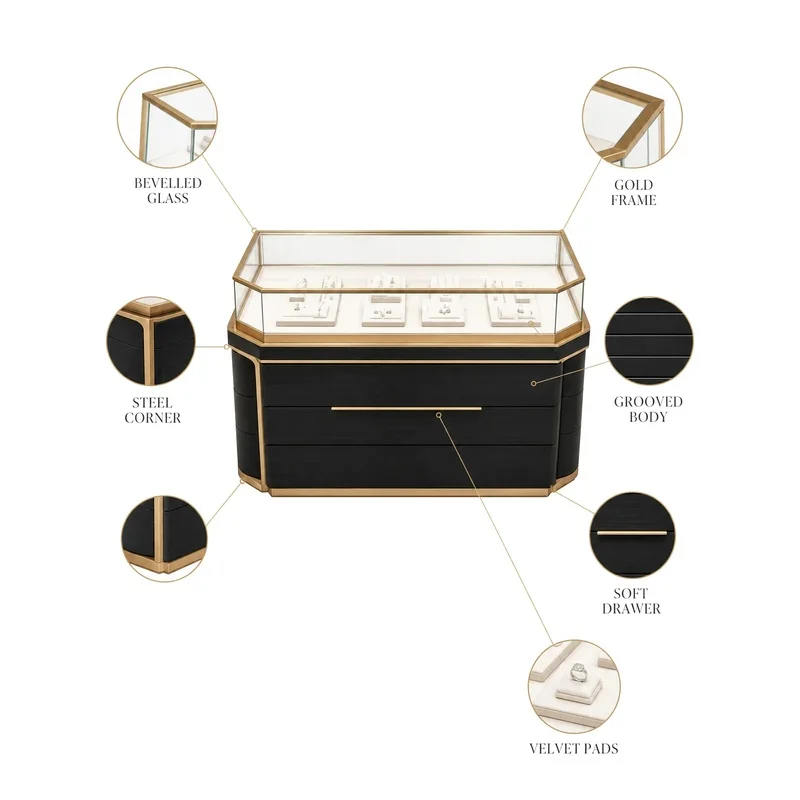 custom.Custom Luxury Black and Gold Jewelry Display with LED Light Chandelier Showcase Counter Jewelry Store