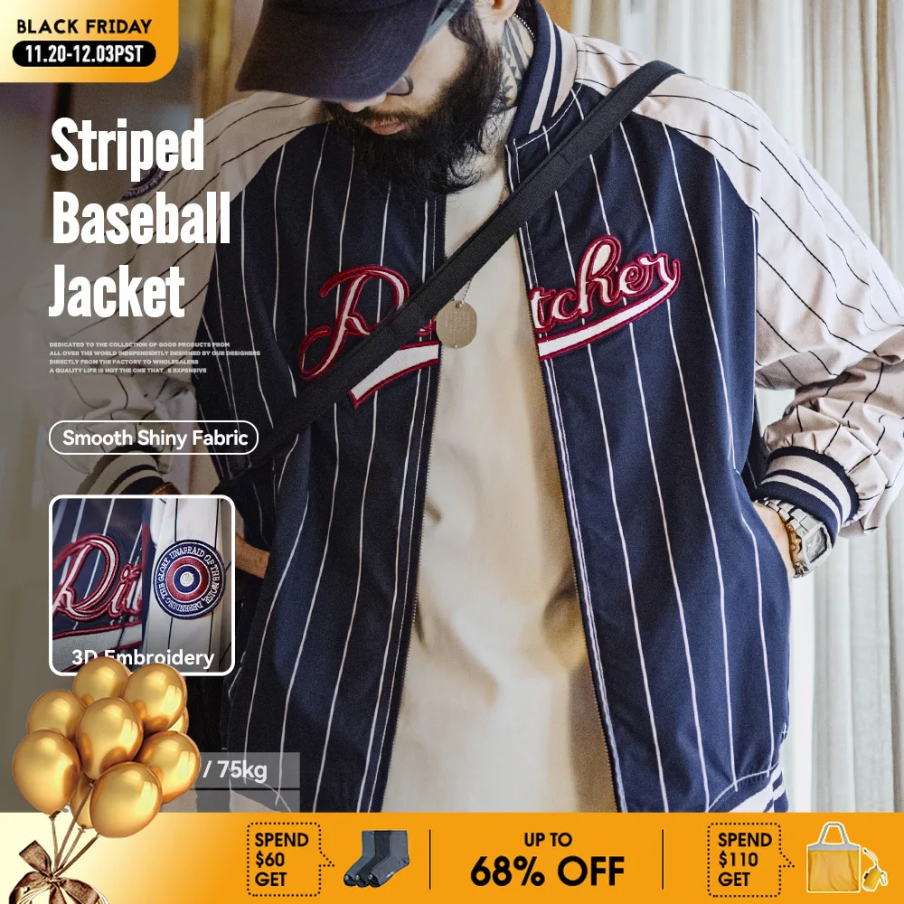 

Винтажная полосатая бейсбольная куртка Maden с вышивкой букв, дизайн значка, куртка с цветными блоками, повседневная верхняя одежда для мужчин, весна