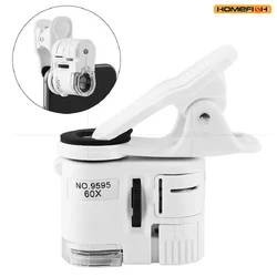60X Clip On Microscope with LED UV Light Jewelry Magnifier for Cell Phone Focusing Adjustable