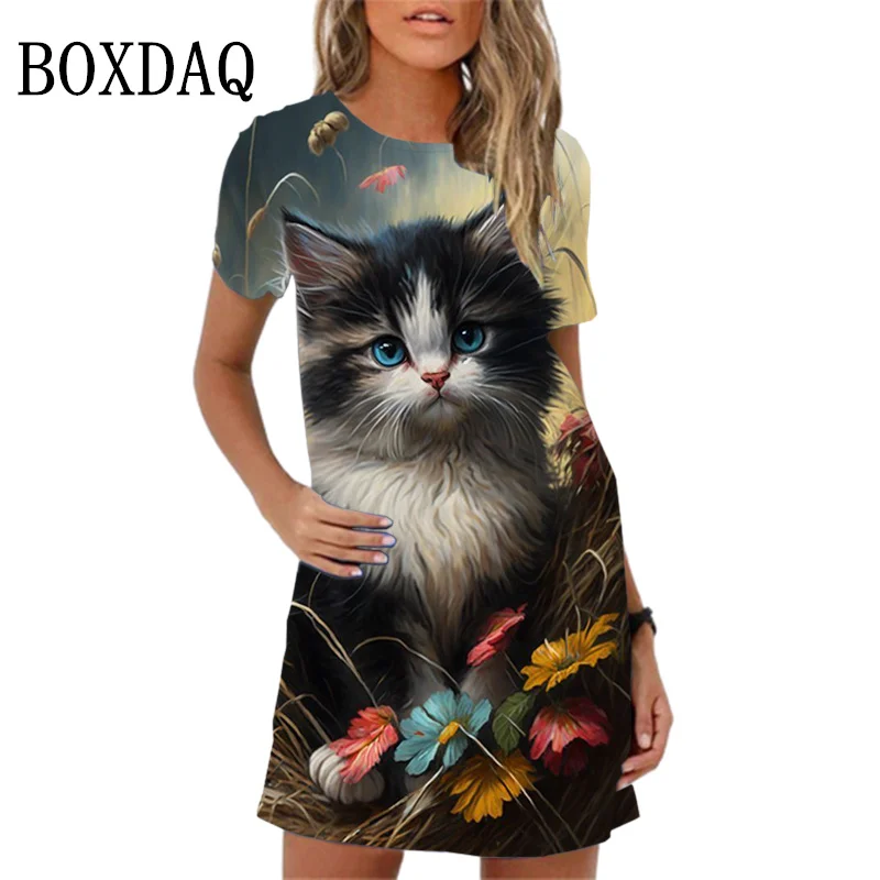 Vestido corto informal de manga corta con estampado de gato para mujer, minivestido clásico con estampado de dibujos animados, cuello redondo, verano, 2024