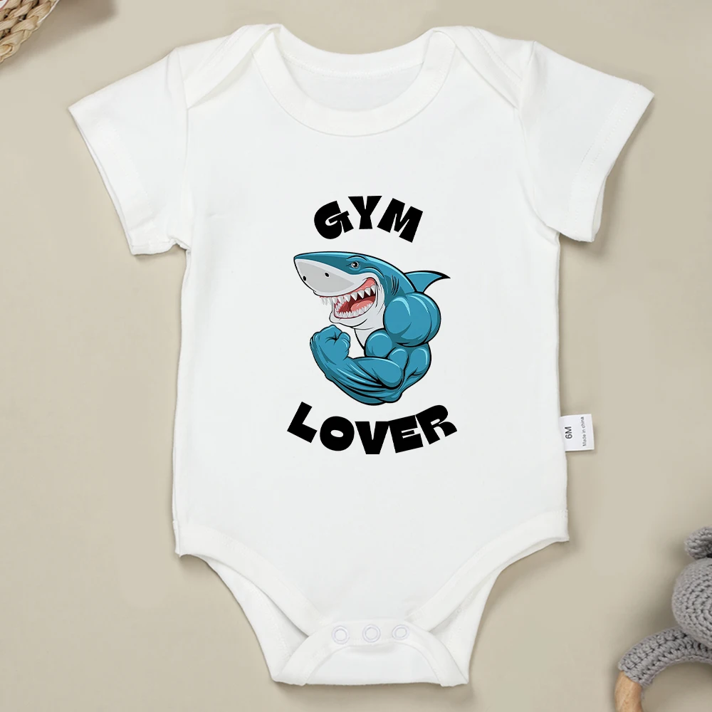 Shark Baby Boy Bodysuit GYM LOVER Funny Hipster Infant Clothes Blue Pure Cotton Soft Breathable Newborn Onesies 0-24 Months