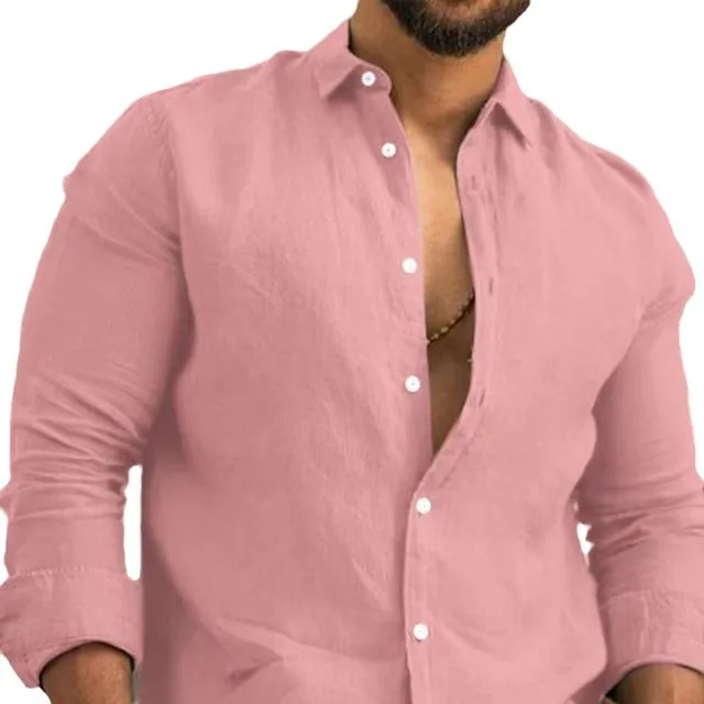 Camisa masculina lisa de linho de algodão, lapela de botão, manga longa, blusa solta, monocromática, moda primavera-outono