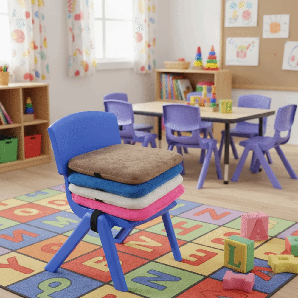 Square Student Chair Cushion with Strap Velvet Fabric Surface Plastic Stool Pad Slow Rebound Soft Seat Cushion Classroom