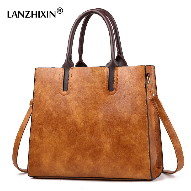 

LANZHIXIN Famous Designer Handbags Leather Women Bags Large Capacity Vintage Hand Top-Handle Tote Solid Ladies Shoulder Bag