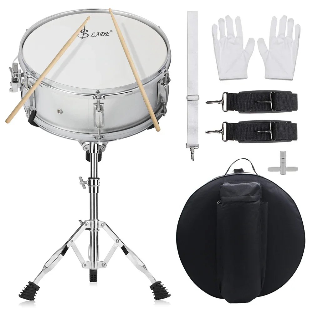 14 Inches Silver Snare Drum Set Drum Percussion Instrument Jazz Drum Set with Bag Stand Strap Accessory for Beginners Practice