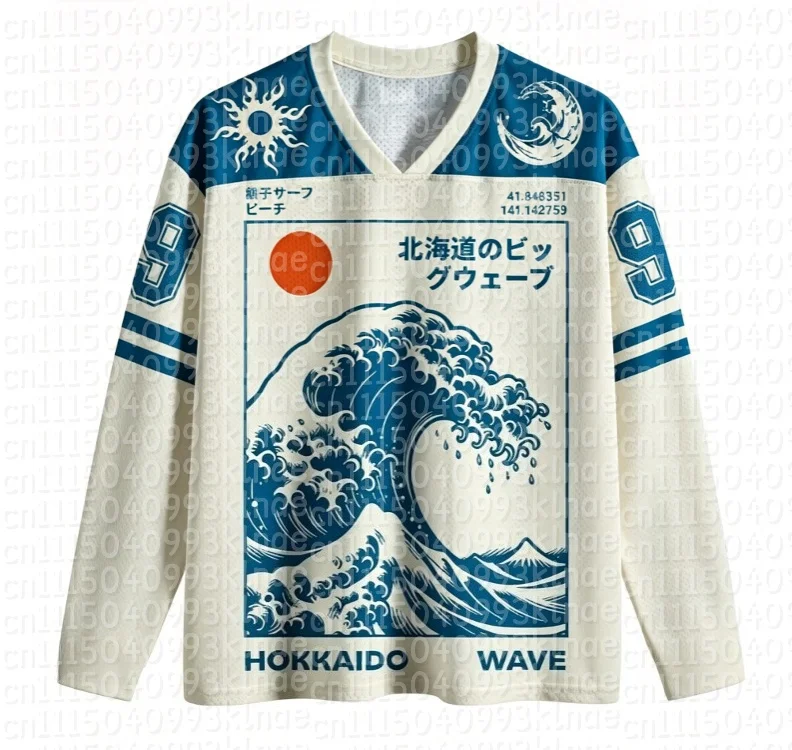Hokkaido Great Wave Parent-Child V Neck Long Sleeve T-Shirt Japanese Harajuku Ukiyo-E Family Matching Outfits Casual Blue Tops