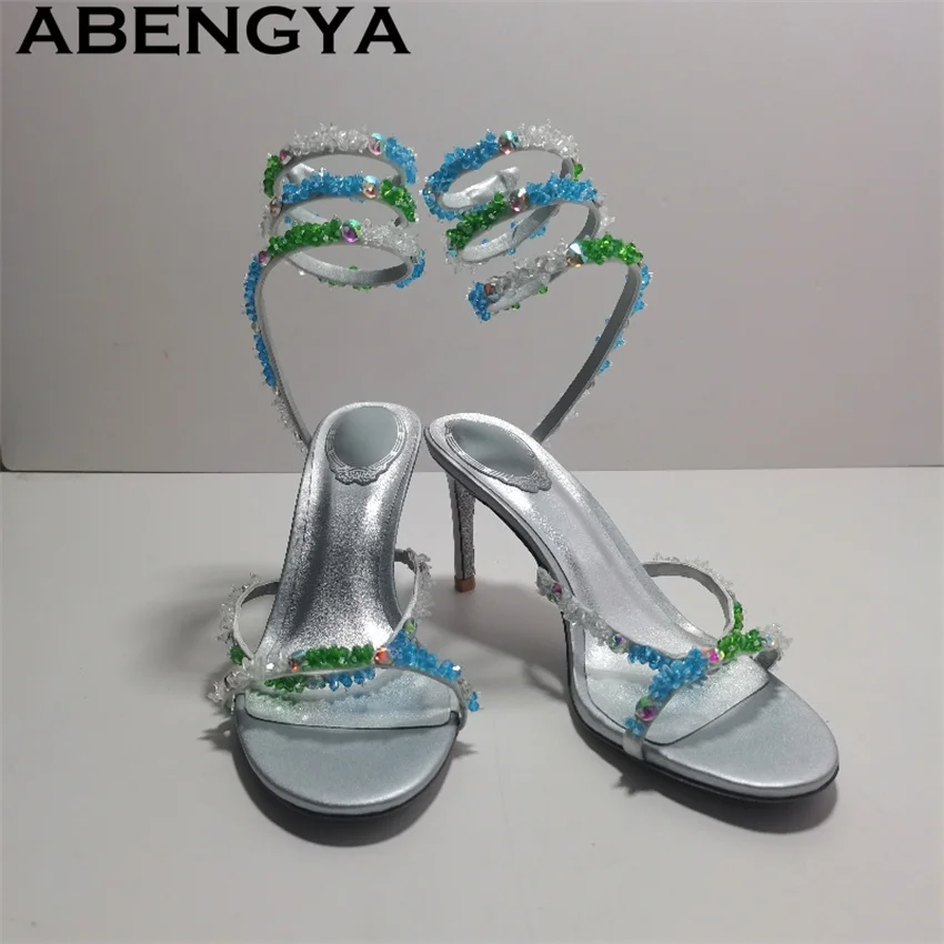 

Coiled Ankle Strap 8CM High Heels Sandals Bohemia Crystal Wedding Party Shoes Women Summer Sexy Gladiator Strappy Shoes Feminina