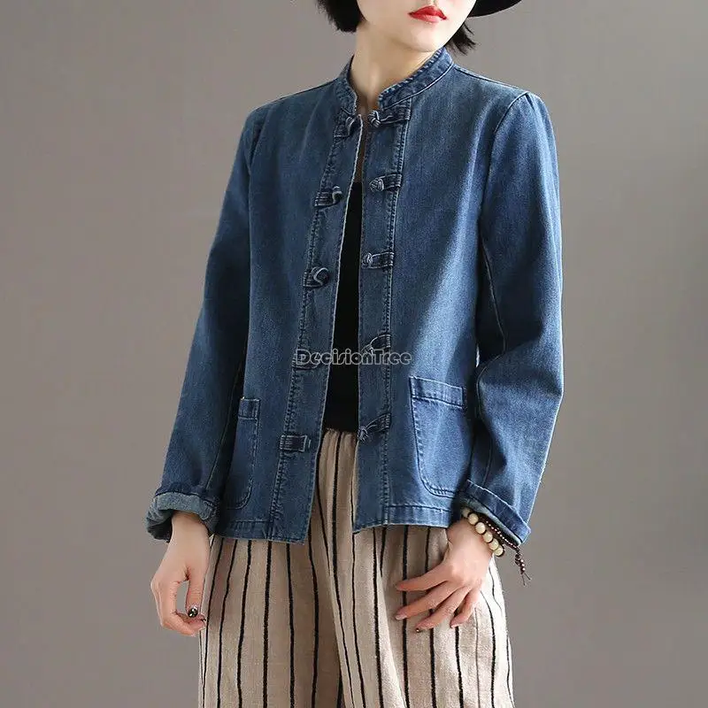 2021 spring/summer chinese vintage ethnic style disc buckle stand collar casual denim long sleeve chinese jacket size s-5xl g991