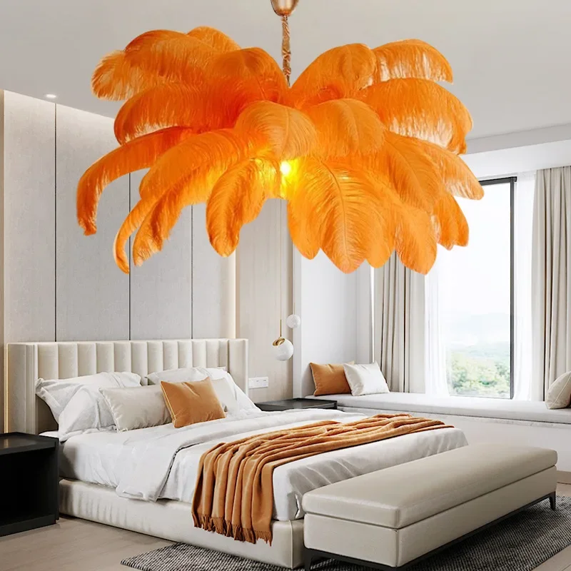 Nordic Ostrich Feather LED Pendant Light Stylish Hanging Chandelier for Living Room Bedroom Indoor Home Decor Lighting Fixture