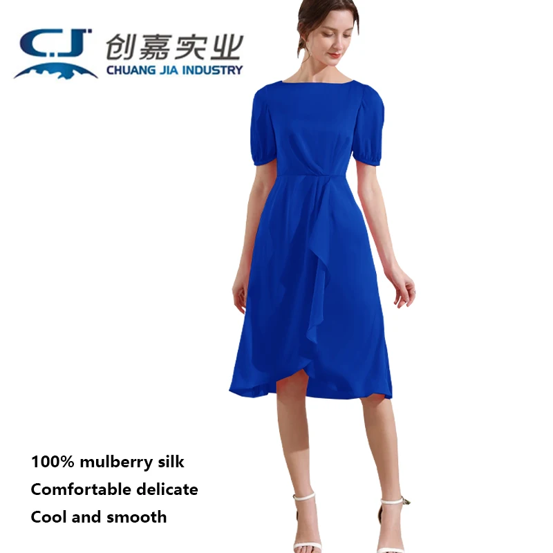 

Роскошное шелковое женское платье с коротким рукавом, королевский синий цвет, оригинальный дизайн, модное, для уличной носки, комфортное, прохладное