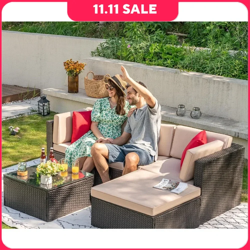 

5 Pieces Garden Sofas Sets All Weather Outdoor Sectional Patio Sofa Manual Weaving Wicker Rattan Patio Seating Sofas