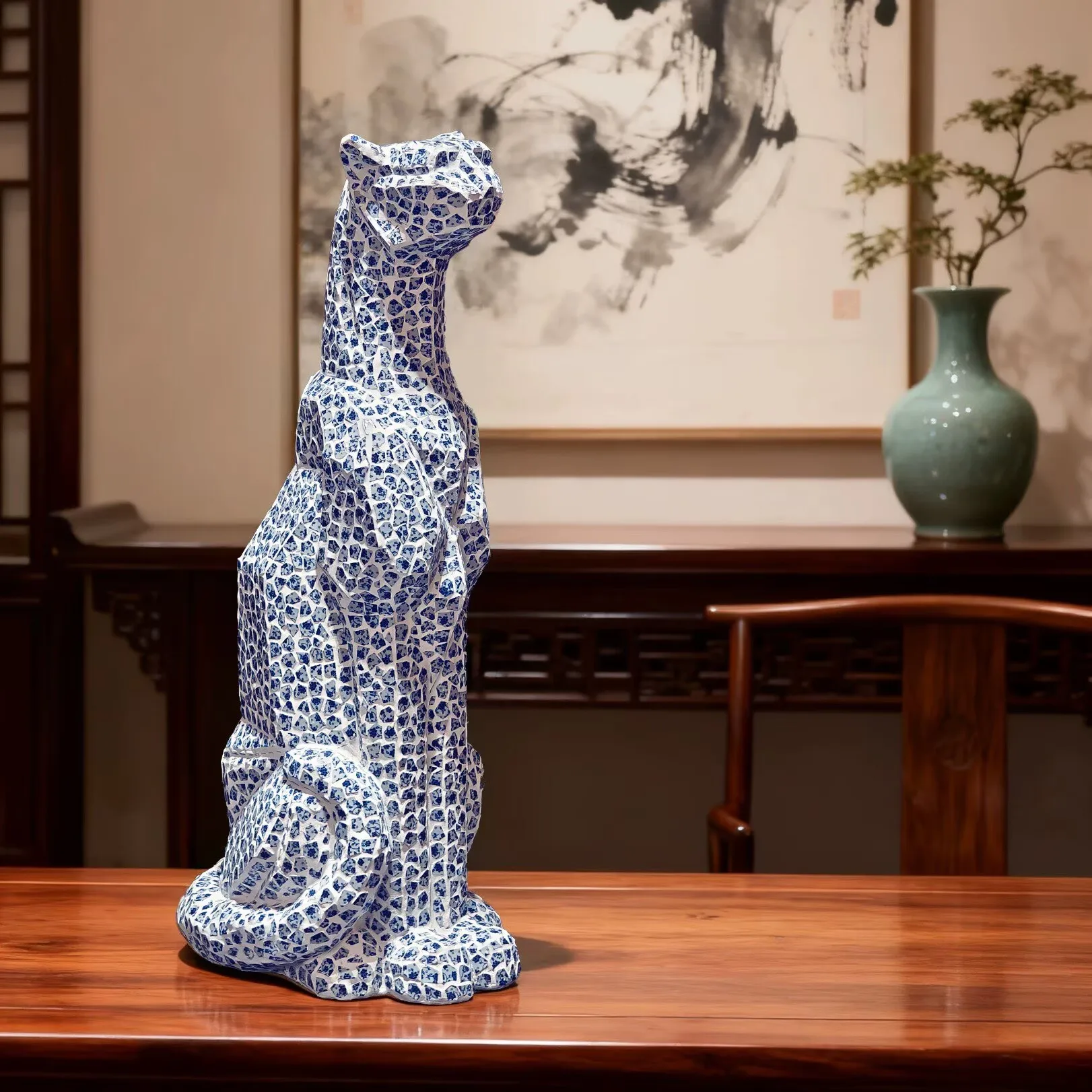 Hotel decor Leopard sculpture luxury art decoration inlaid blue  white porcelain patches leopard statue foyer floor decoration