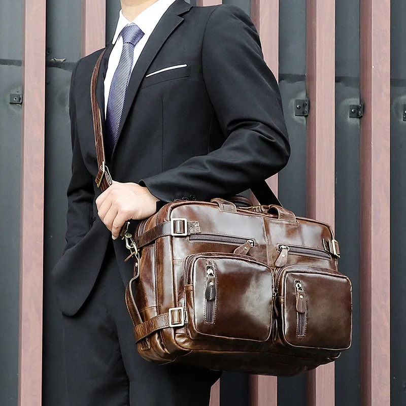 Formal Brand Desinger Black Leather Briefcase Shoulder Bag For Laptop Notebook Bag Genuine Leather Tote Bag Bagpack 3 In 1