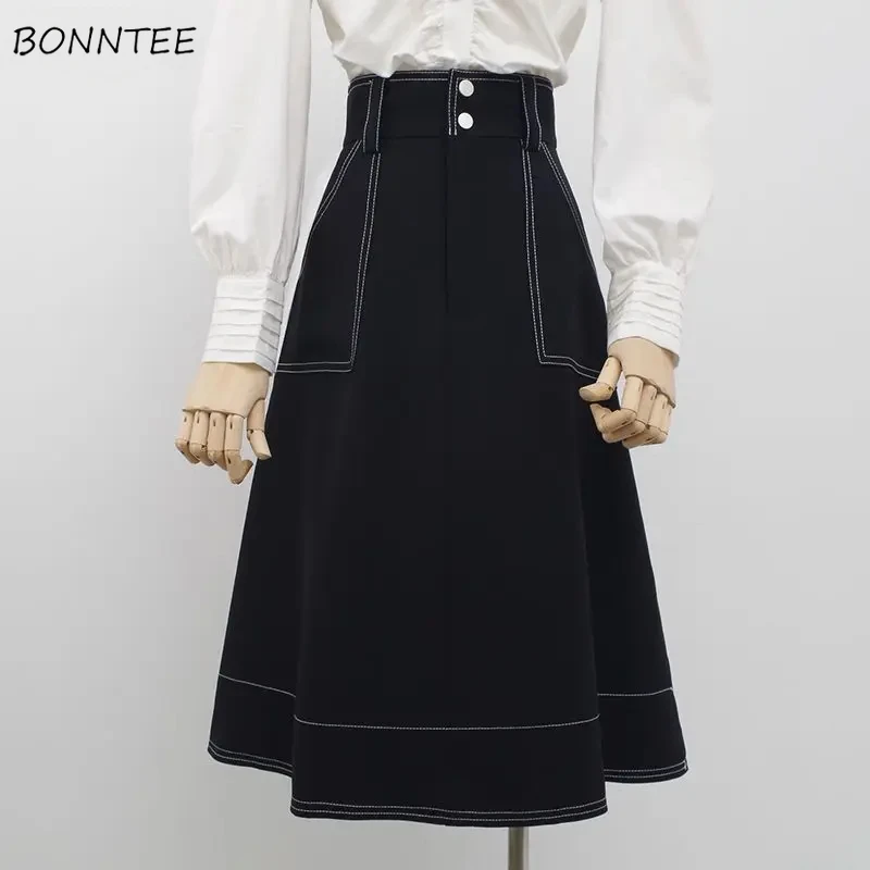

Skirts Women High Waist Fashion Solid Temperament Korean Style Female Midi Mature Casual Autumn All-match Literary S-3XL A-line