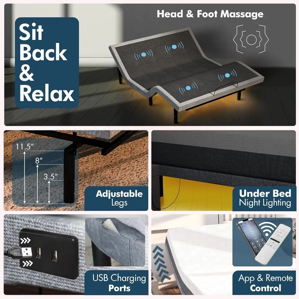 Adjustable Bed Base, with Massage, Queen Adjustable Beds Frame , Wireless Remote, USB Ports, Under-Bed Light, Bed Frames