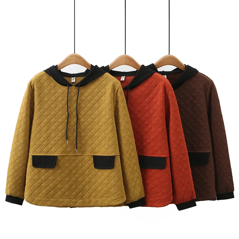 Spring Autumn Women Hoodies Sweatshirt New Jacquard Color Block Hooded Pullover Female Casual Tops Oversize Women's Clothing 4XL