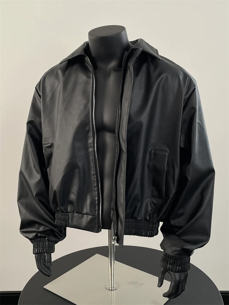 

Korean Style Short Black PU Leather Jacket Men's Casual Versatile Zipper Coat Top Youthful Flip Collar Winter Fashion