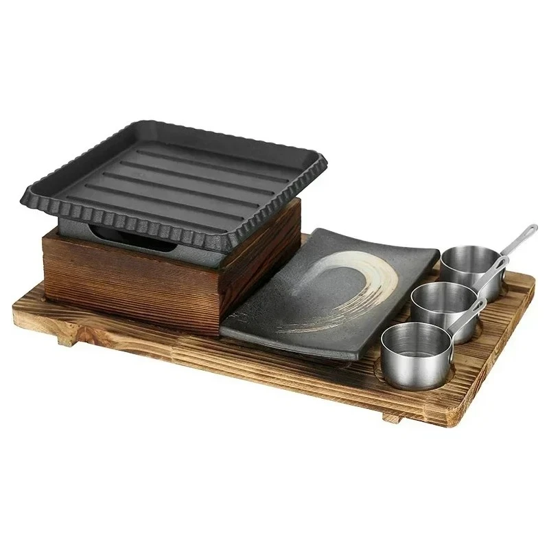 

Customizable Dining room single and double tableware Cast Korean style barbe iron barbecue plate Square alcohol oven baking tray