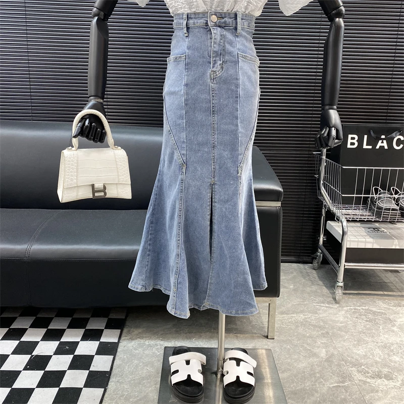 New fashion Designer Famous brand High waist A-line Ruffle edge Medium long Fishtail skirt Buttock wrapping Denim skirt