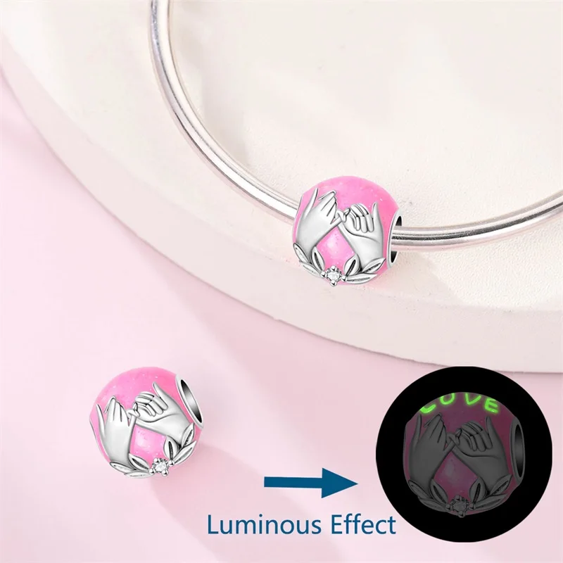 925 sterling silver Valentine's Day hand-held luminous bead pendant suitable for DIY bracelets, women's fashion jewelry gifts