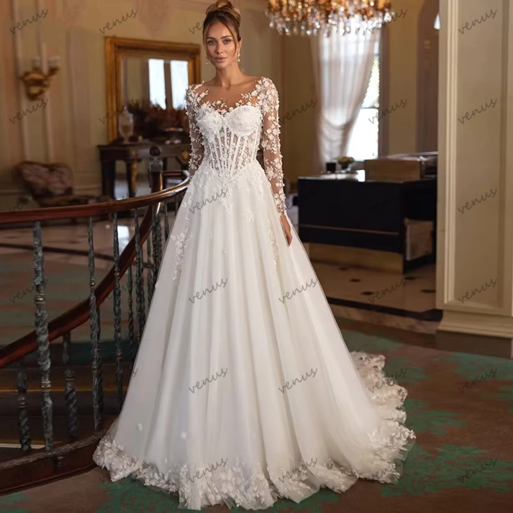 

Vintage Wedding Dresses A Line Glamorous Bridal Gowns Lace Appliques Full Sleeves Robes Customized Elegant Vestidos De Novia