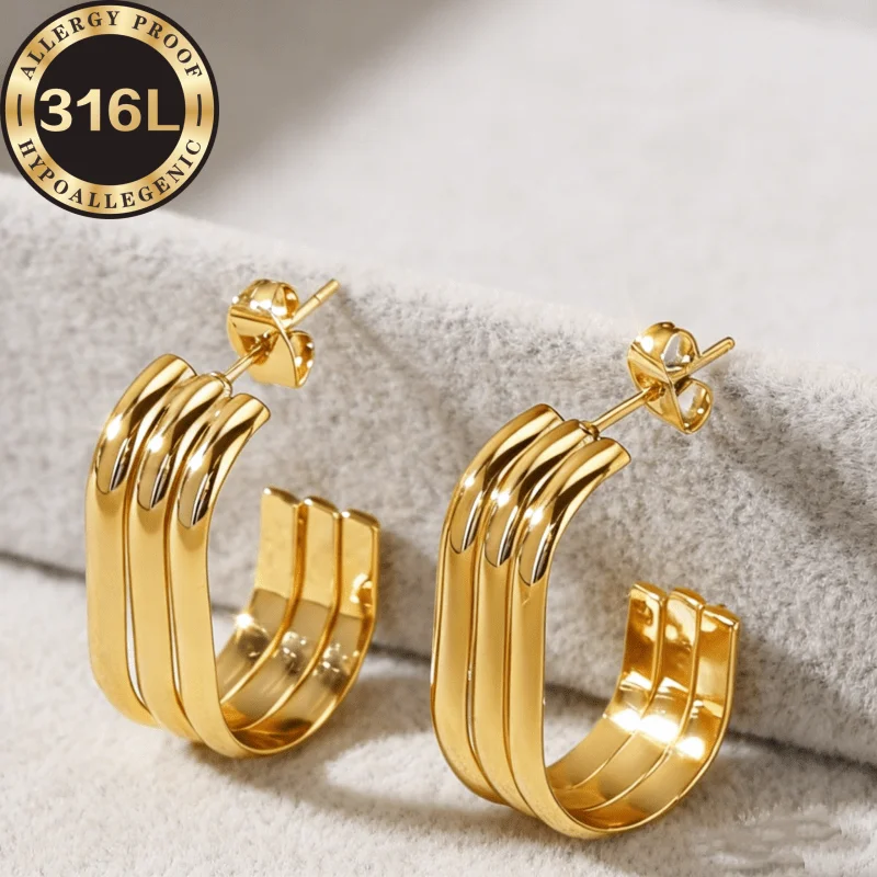 Hypoallergenic stainless steel Golden earrings, hemisphere three-wire close-fitting oval, gold and silver two-color optional