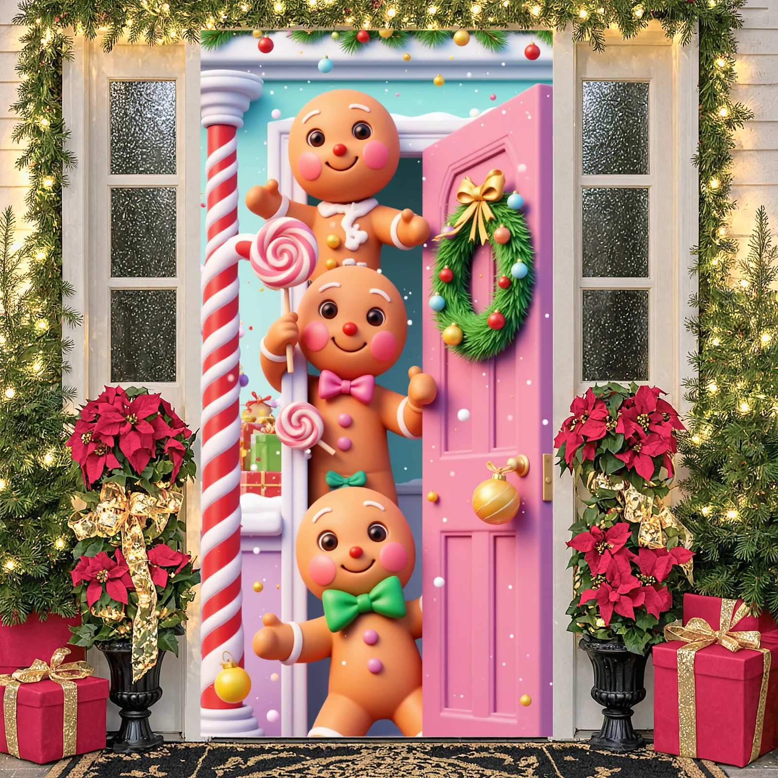 Holiday Display Christmas Wreath Winter Celebration Display Festive Backdrop Gift Boxes Gingerbread Scene Backdrop For Xmas