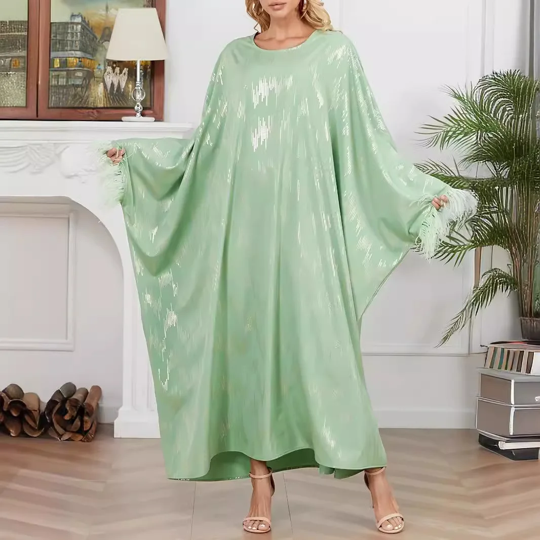 2024 New Women's Muslim Loose Robe One Size Regular Light Green Comfortable And Casual Dubai Luxurious Elegant Bat Style Robe