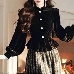 Elegant Black Slim Short Blouse Women Clothes Autumn Winter New Long Sleeve Solid Pleated Temperament Shirt Tops Vintage Fashion