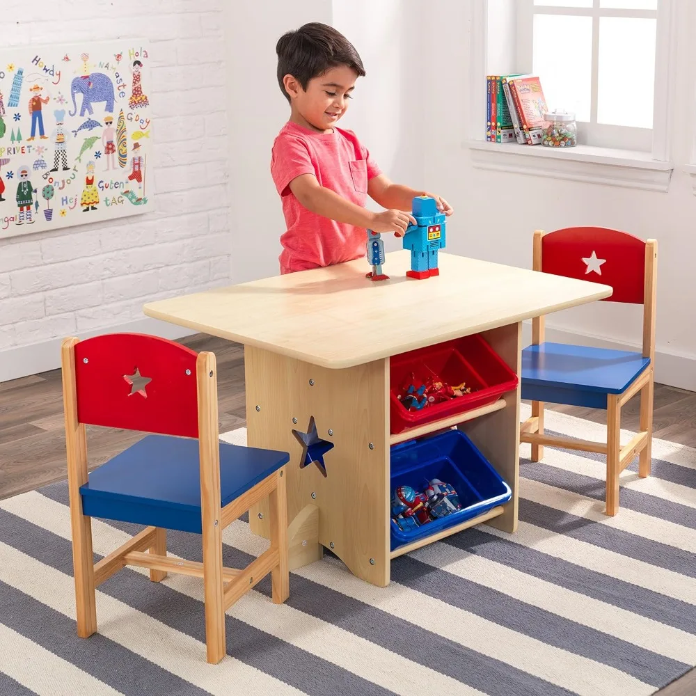 Conjunto de mesa e cadeira de madeira com 4 caixas de armazenamento, mobiliário infantil vermelho, azul, natural