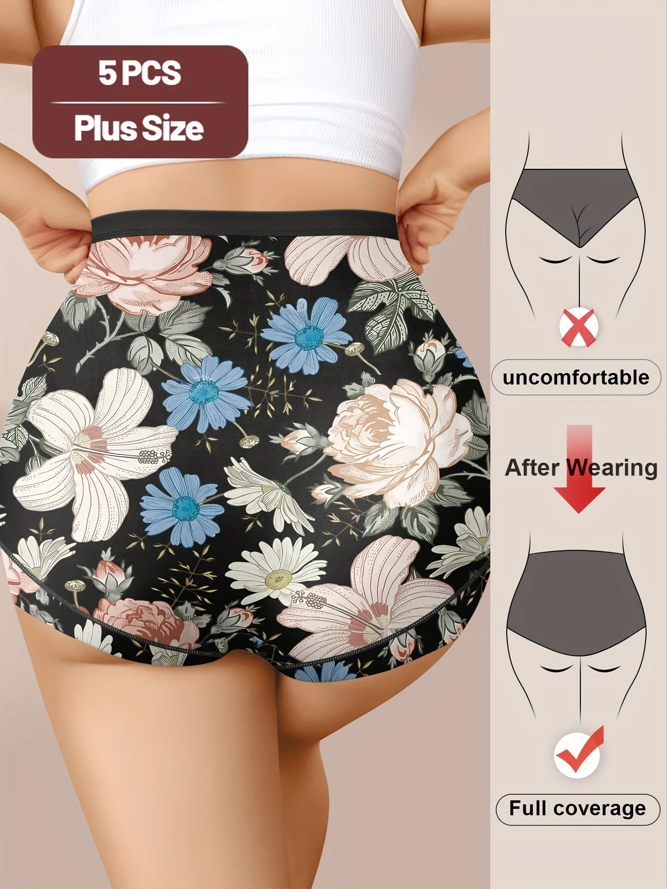 Balení 5 kusů dámského spodního prádla s vysokým pasem pro plnoštíhlé ženy, které reguluje a zvedá bříško, je pohodlné a má tištěný design. - náhled 3