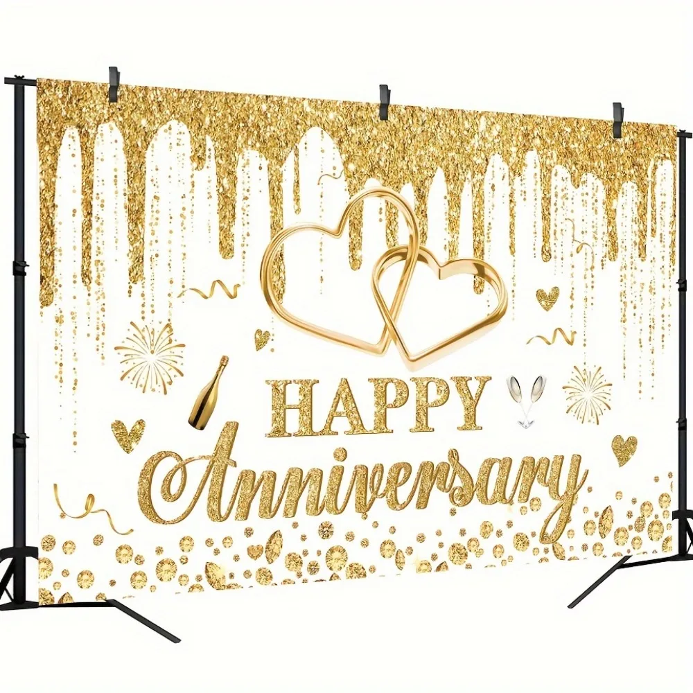 Happy Anniversary background Gold and white banner decoration, gold dripping glitter crystal photography background