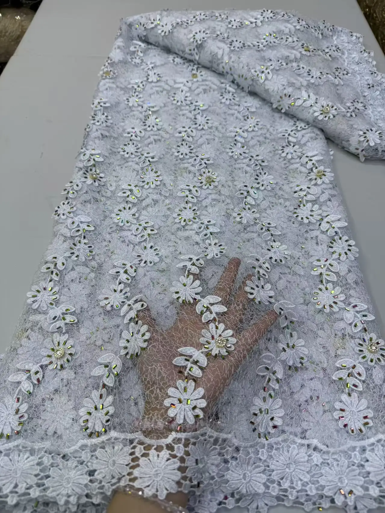 Luxury Nigerian Swiss Voile Lace Fabric with 3D Flower Applique And Stones Super Quality Net African Wedding Dress Sewing M371-1