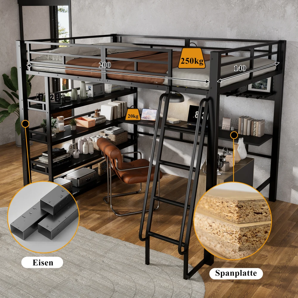 PINGGO Metall-Etagenbett mit Aufbewahrungsregalen, Ladeanschluss, 4-Stufen-Leiter, Hängeregal, Eisen-Spanplatte, Schwarz, 140x200cm, ohne Matratze – Detail 9