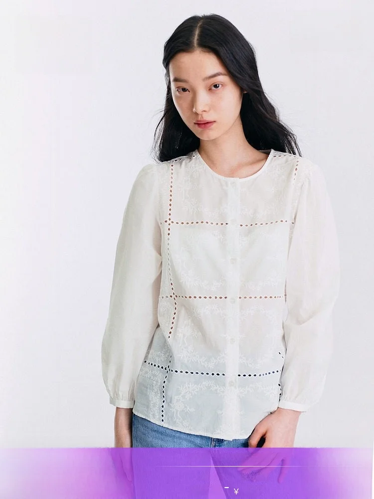 

H&M Summer New Women's Embroidered Top Casual Style Long Sleeve Button round Neck Cotton Pure Hollow out Design Shirt