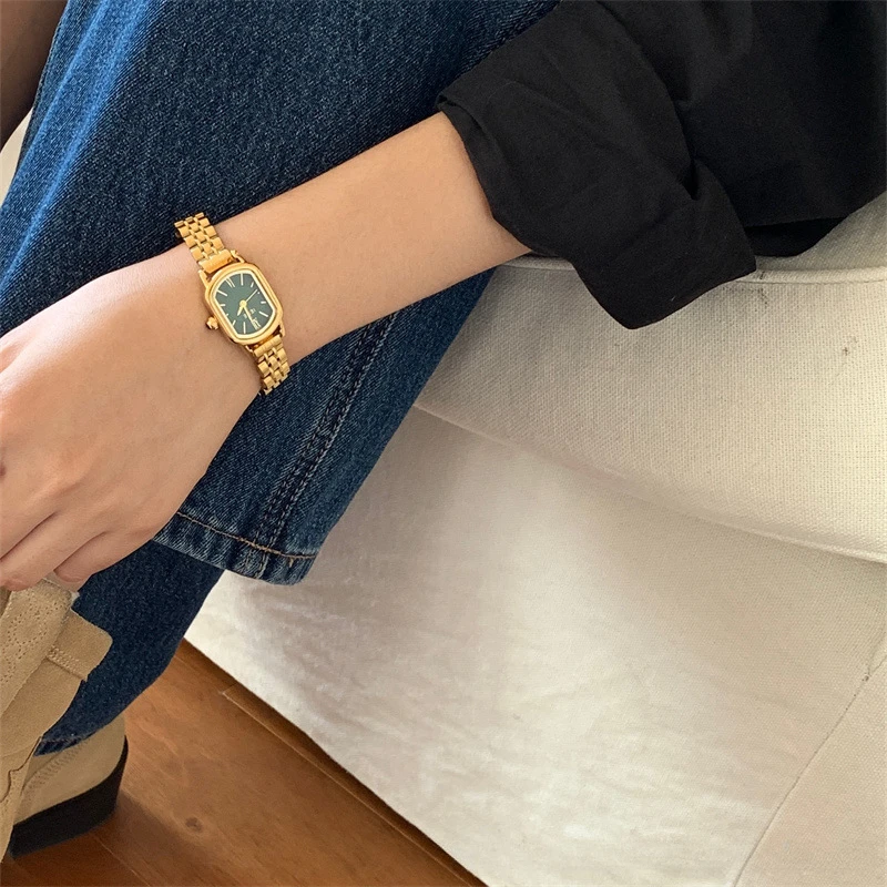 Vintage Gold Green Women Watch Elegant Stainless Steel Hand Clock Female Waterproof Rectangle Quartz Wristwatch Ladies Gift