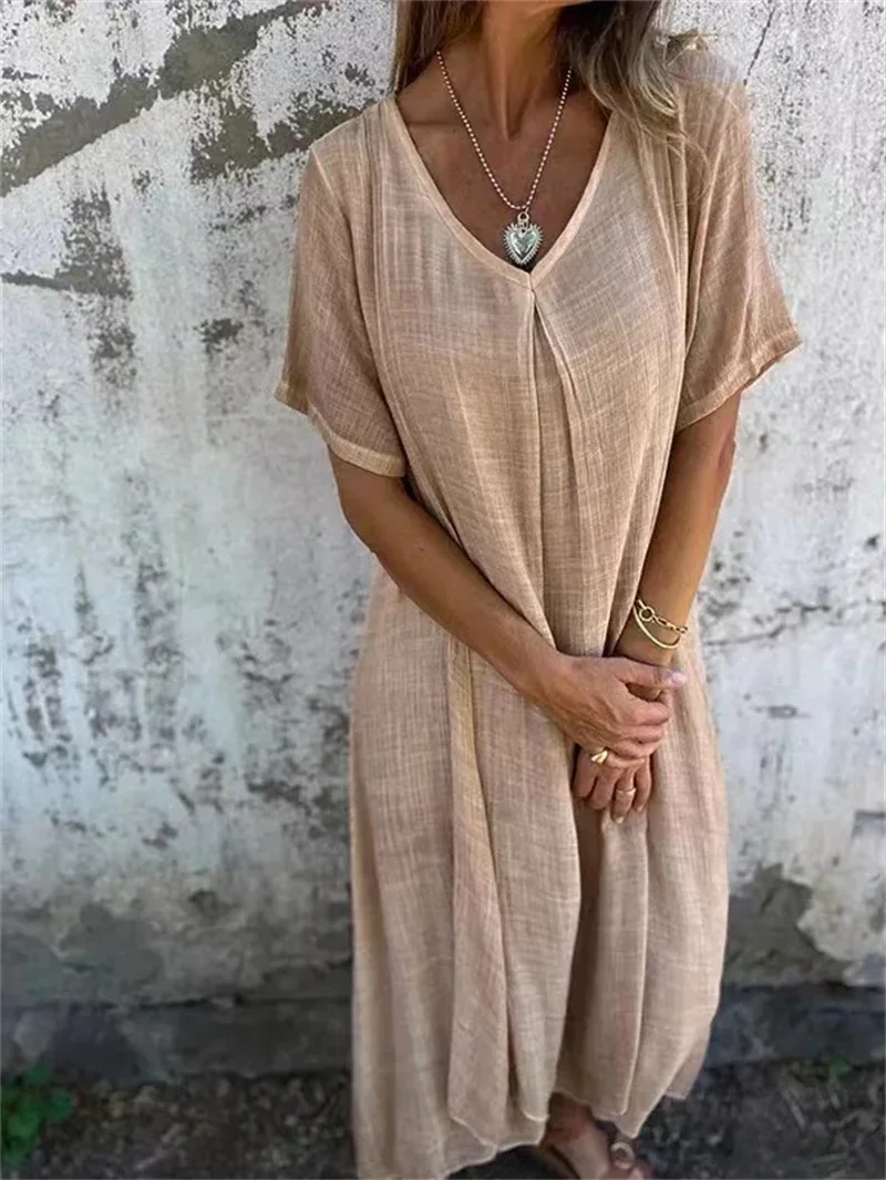 Women Solid Color Cotton Linen Loose V-neck Dresses Fashion Elegant Commuter Dress Female Casual Short Sleeve Princess Gown 2024