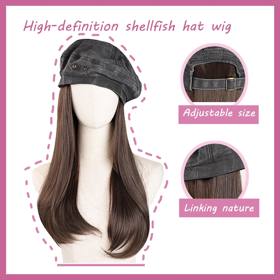 Hat Wig Women's Fashion Popular Trend Wig Women's Full Head Cover Cowboy Beret Hat Long Hair