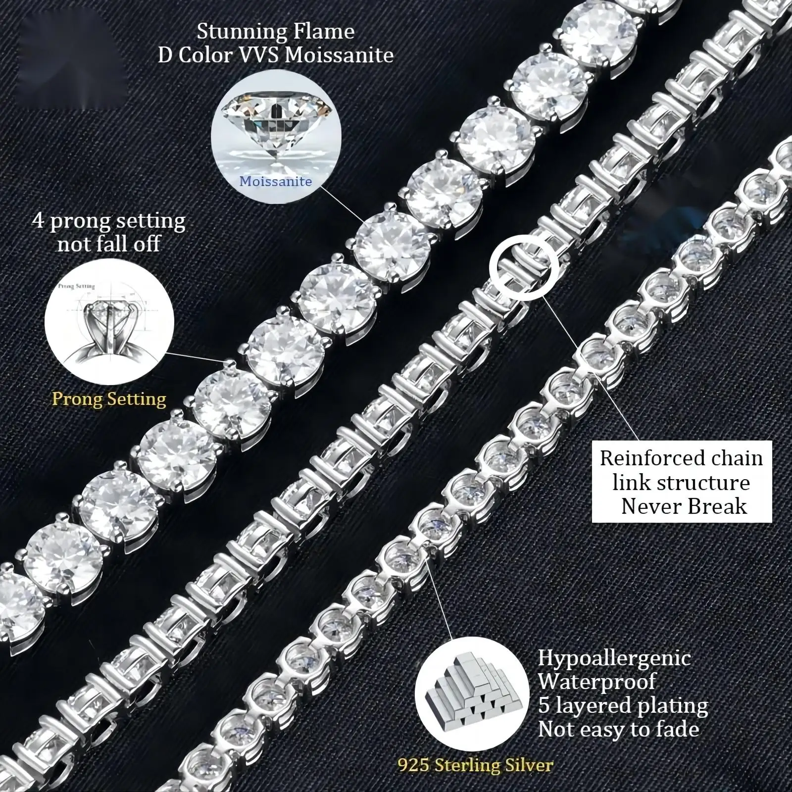 TOPGRILLZ 3-5mm Pass Diamonds Test Moissanite Necklace 925 Sterling Silver D Color VVS Diamond Tennis Chain with GRA Certificate