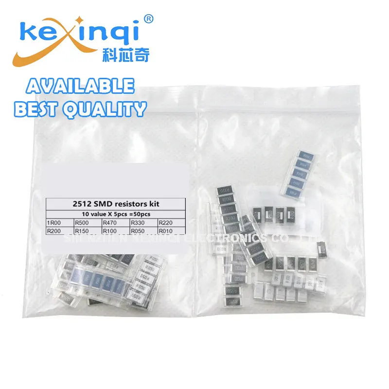 

50 шт. 1% 2512 SMD комплект образцов резистора, 10 стоимостей 5 шт. = 50 шт. 1R00 R500 R470 R330 R220 R200 R150 R100 R050 R010