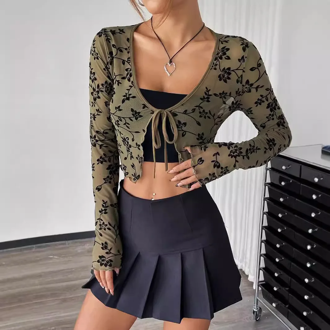 Women's Fashion Flocked Floral Tie Front Long Sleeve Top Slim Fit Elegant Commute Comfort Casual Cropped Sheer Versatile T-shirt