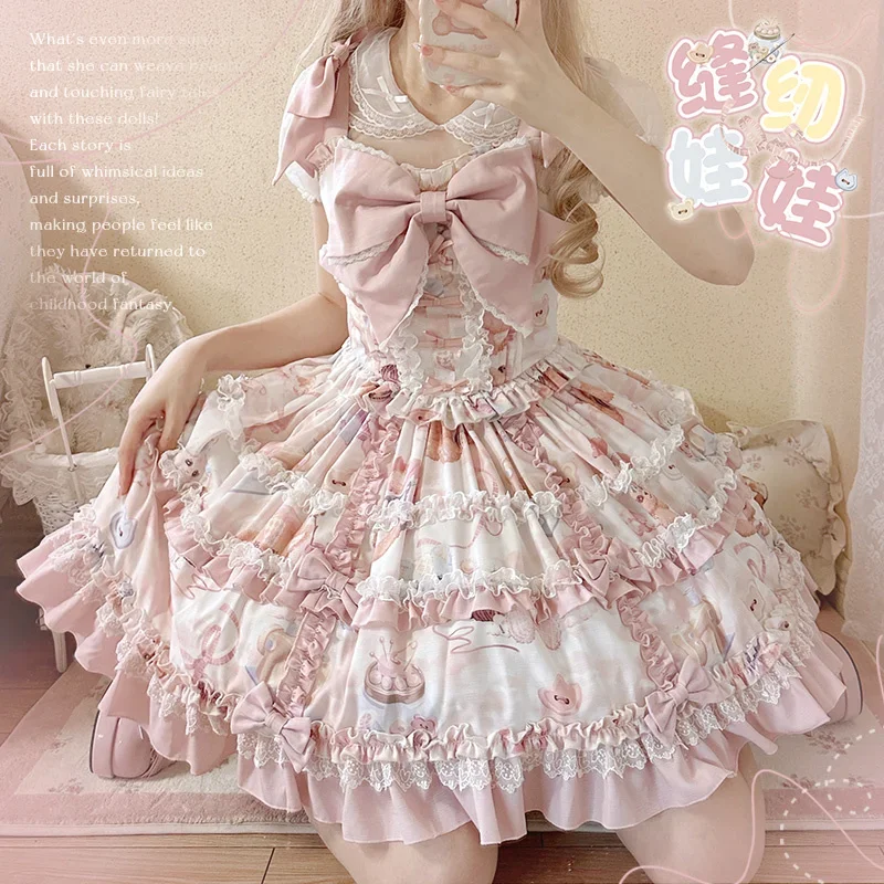 Sewing Doll Sweet Lolita Jsk Dress Party Cartoon Cute Print Suspenders Dress Japanese Summer Girl Kawaii Party Strap Dresses