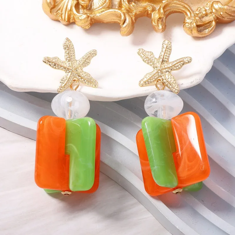 Gradient Resin Square Texture Patchwork Earrings for Women Retro Creative Personality Earrings Vacation Female Jewelry