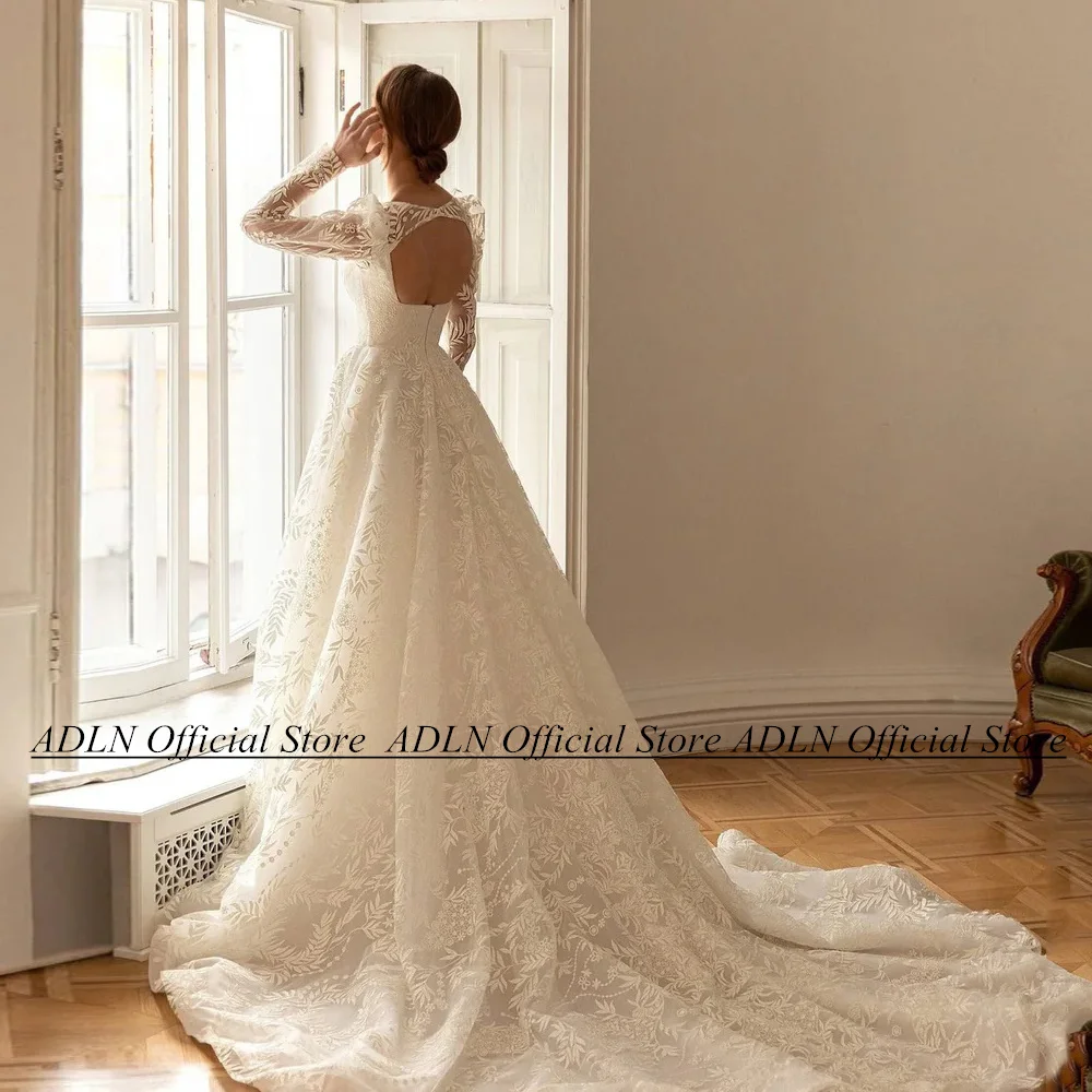 ADLN Luxury Lace Wedding Gowns Exquisite Long Sleeves Square Neck Open Back Court Train A Line Bridal Dress Vestido De Noiva