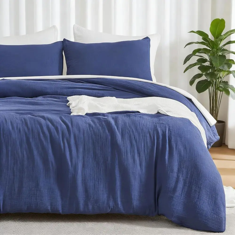 

Muslin Cotton Duvet Cover Set Navy King Size Linen Like Sot Breathable Lightweight Summer Comorter Cover Set with Zipper Closure