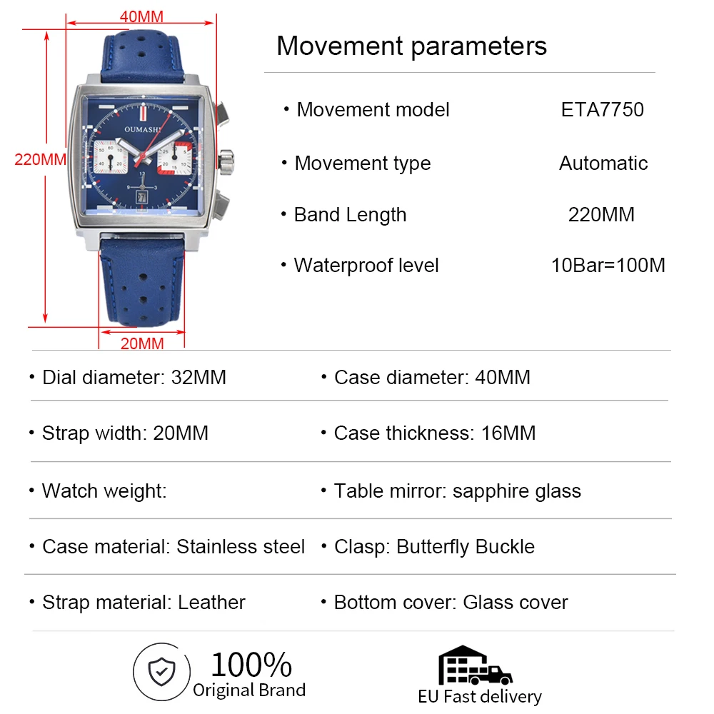OUMASHI 40mm ETA 7750 Diving Watches ETA Automatic Multifunction Chronograph Movement Stainless Steel Waterproof Watch For Men