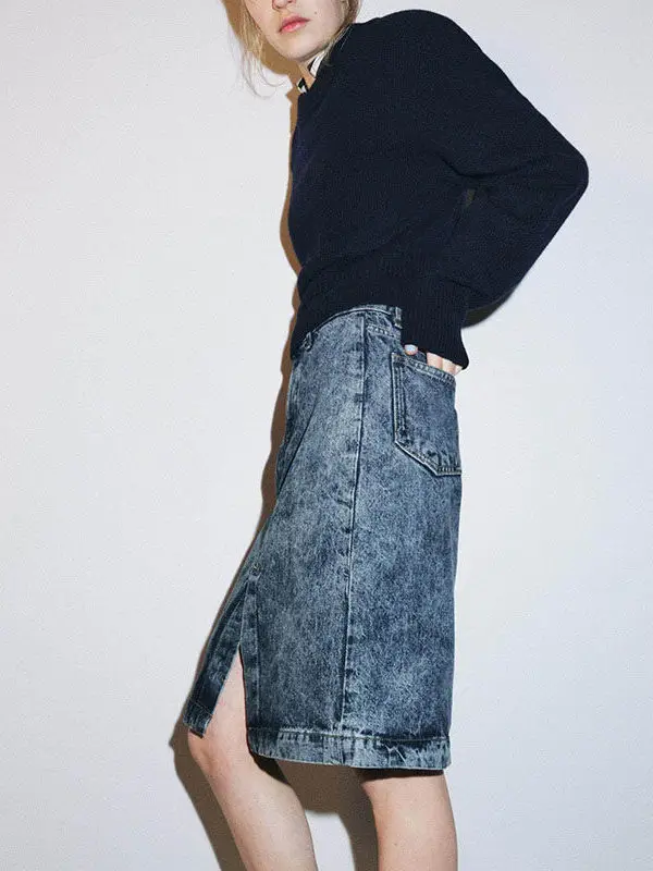 

Весенняя женская модная джинсовая юбка миди с высокой талией, утягивающая, с разрезом, универсальная, повседневная, шикарная, трендовая, в китайском этническом стиле